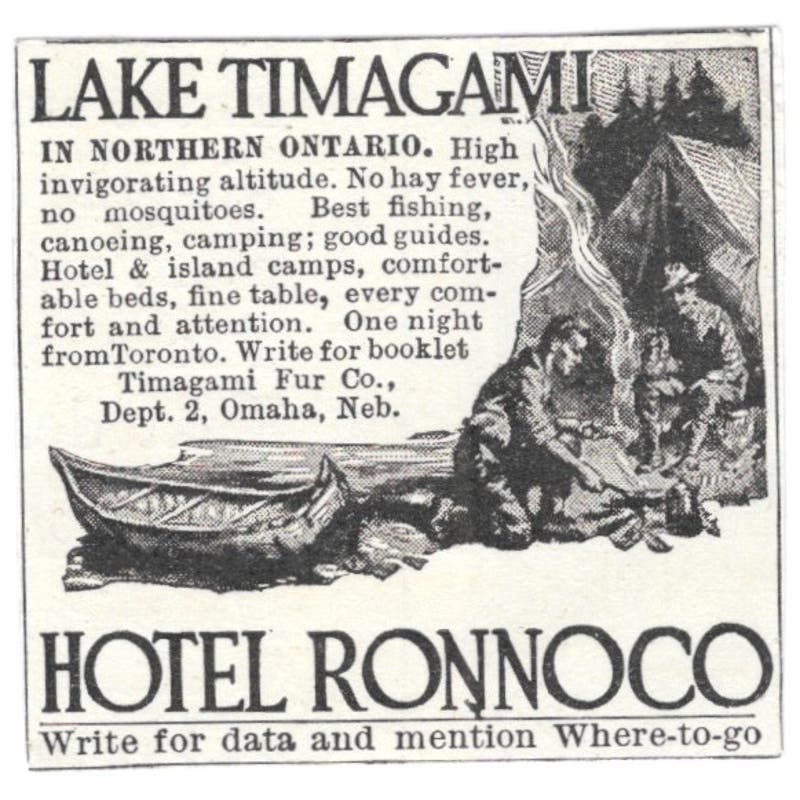 Lake Timagami Ontario Hotel Ronnoco c1918 Original Advertisement AE5-SV6