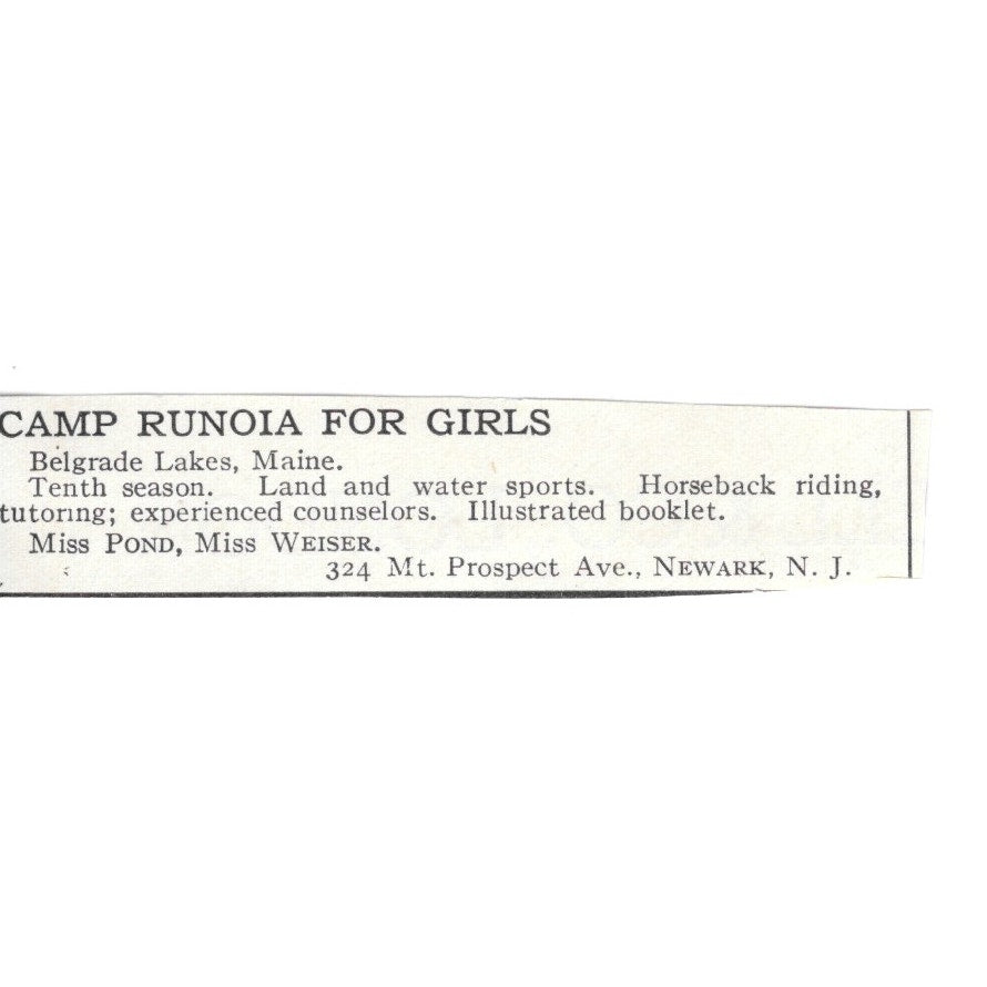 Camp Runoia for Girls Newark NJ Miss Pond Miss Weiser c1920 Harper's Ad AG4-S8