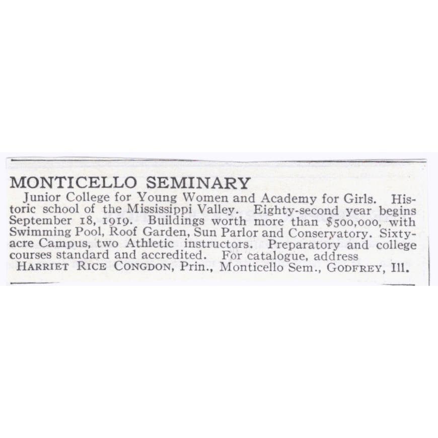 Monticello Seminary Harriet Rice Congdon Godfrey IL c1918 Advertisement AE5-SA4