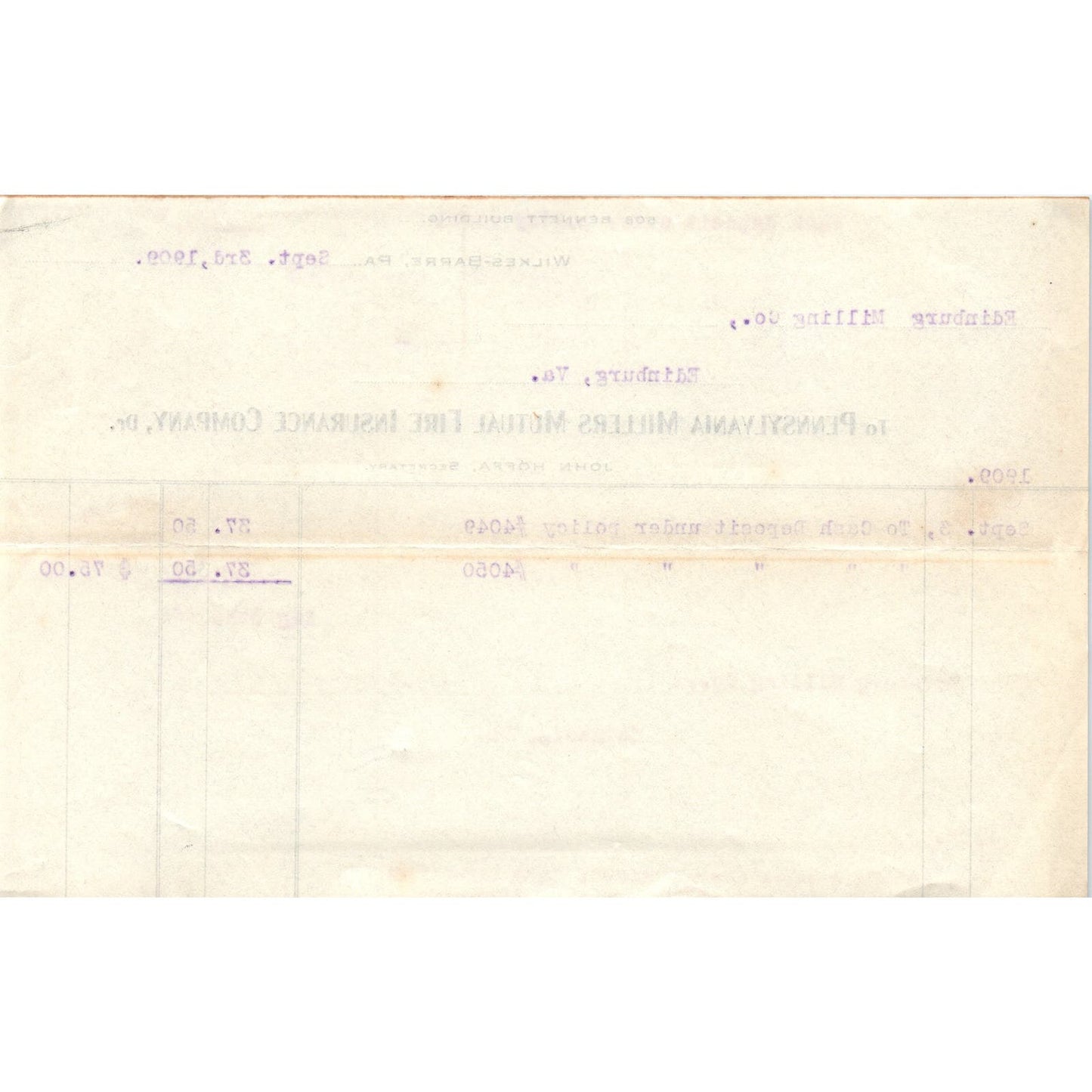 Pennsylvania Millers Mutual Fire Ins John Hoffa 1909 Original Billhead D8