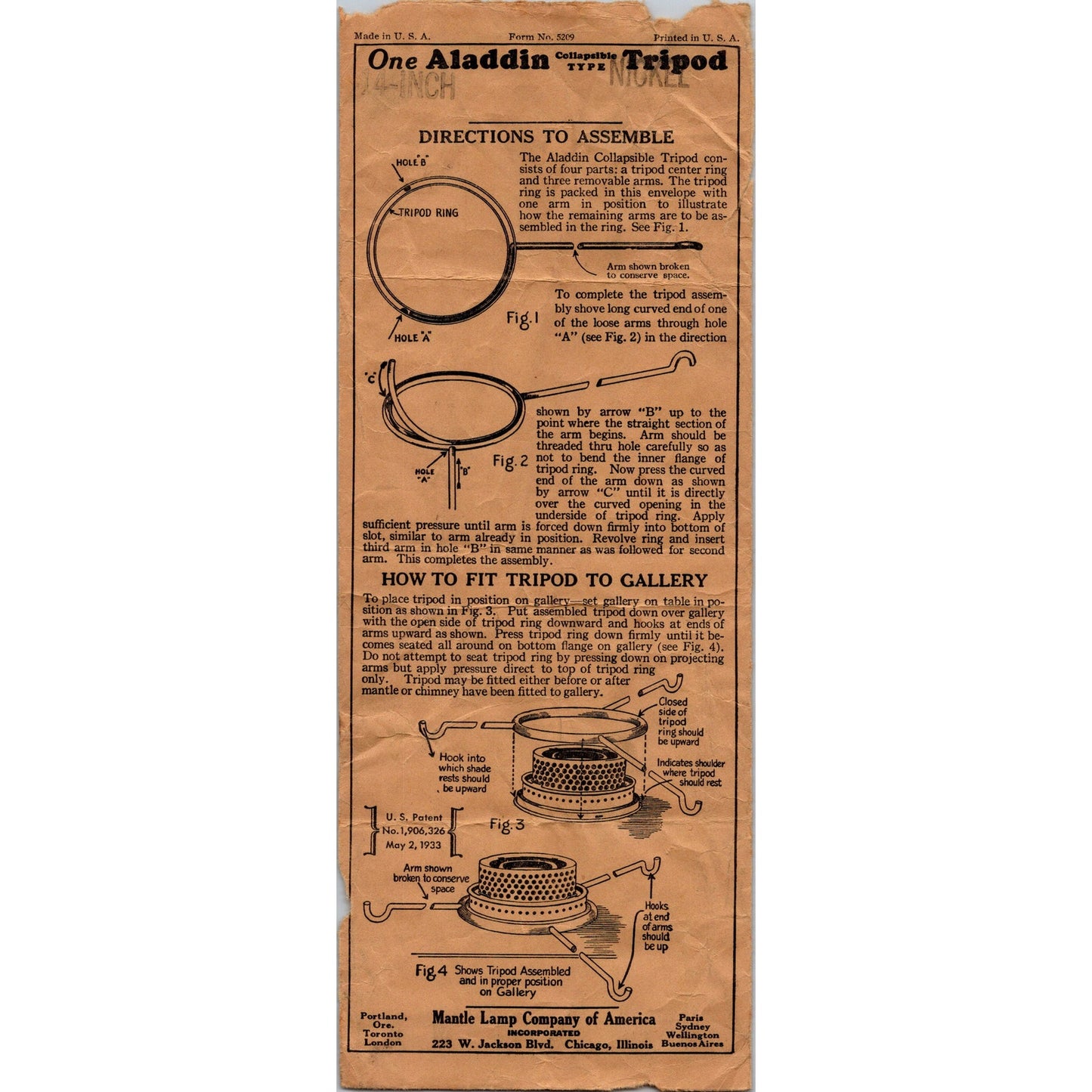 Aladdin Lamp Collapsible Tripod Assembly Instruction Card Mantle Lamp Co K23