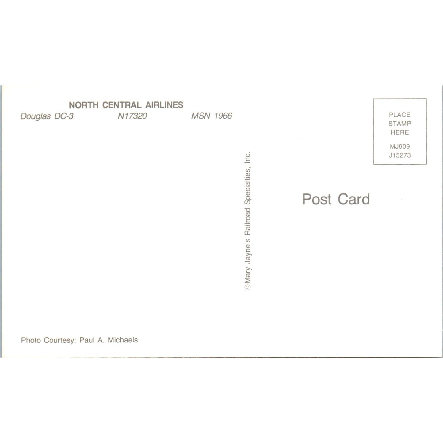 North Central Airlines Douglas DC-3 Vintage Postcard PC2