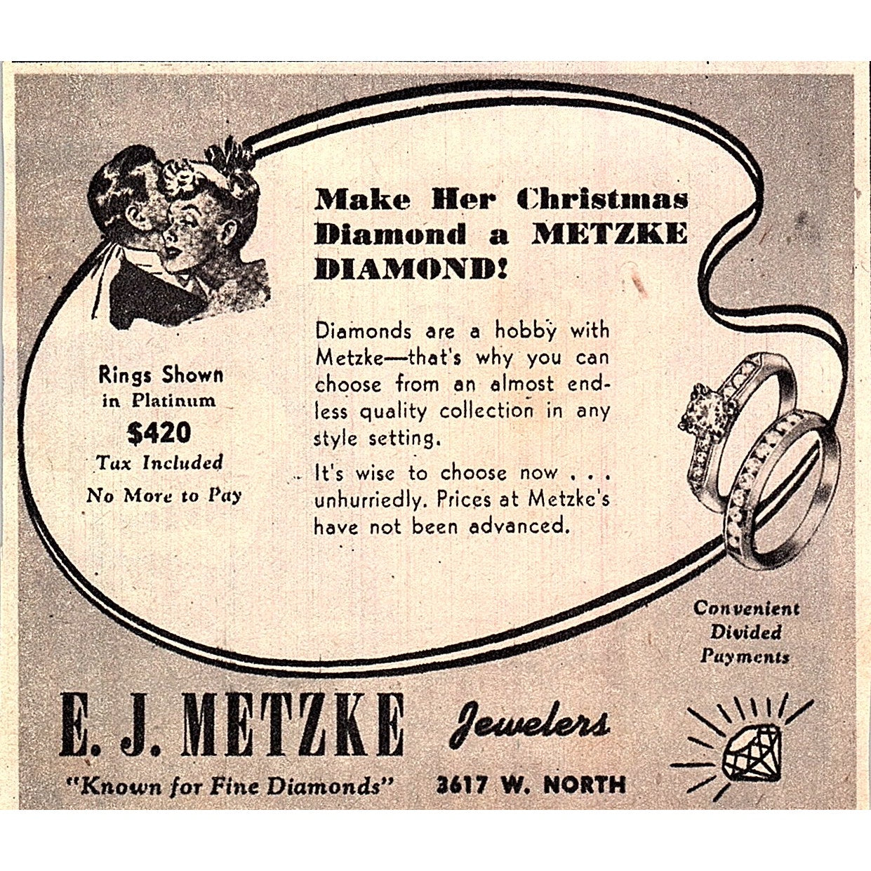 E.J. Metzke Jewelers Diamond Rings 3617 W. North Milwaukee 1948 Ad AG3-H2