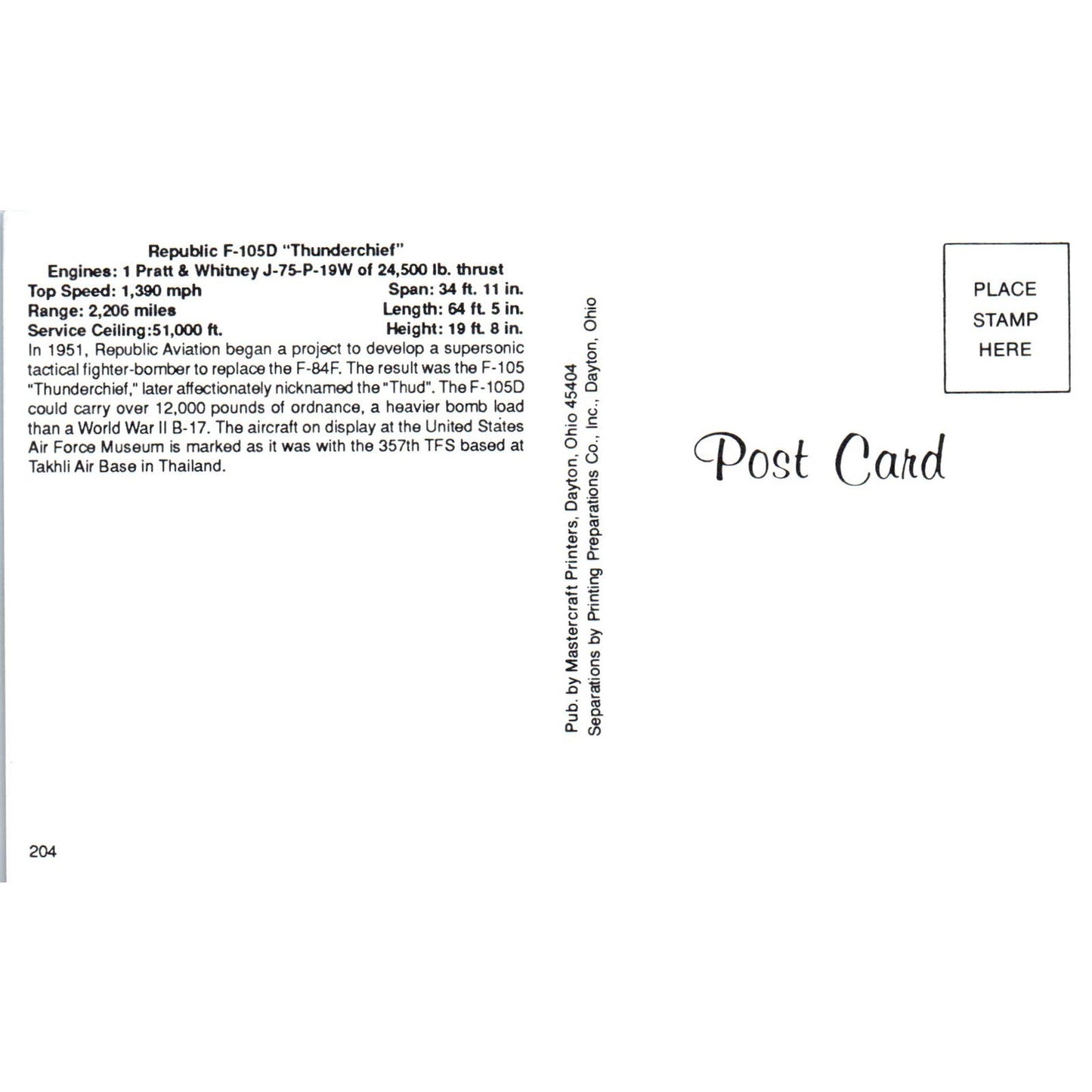 Republic F-150D Thunderchief Vintage Postcard PC19