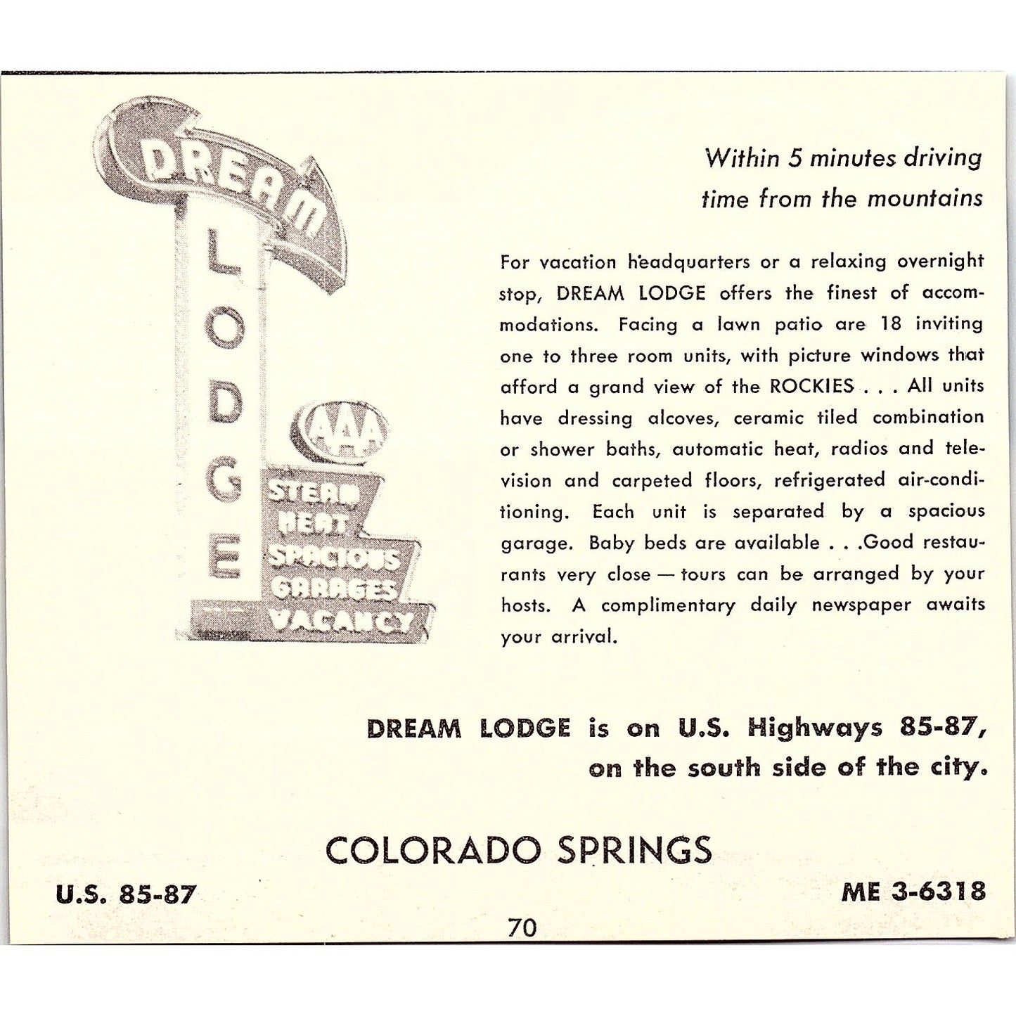 Chief Motel, Dream Lodge Colorado Springs CO 1958 Ad AG1-H2