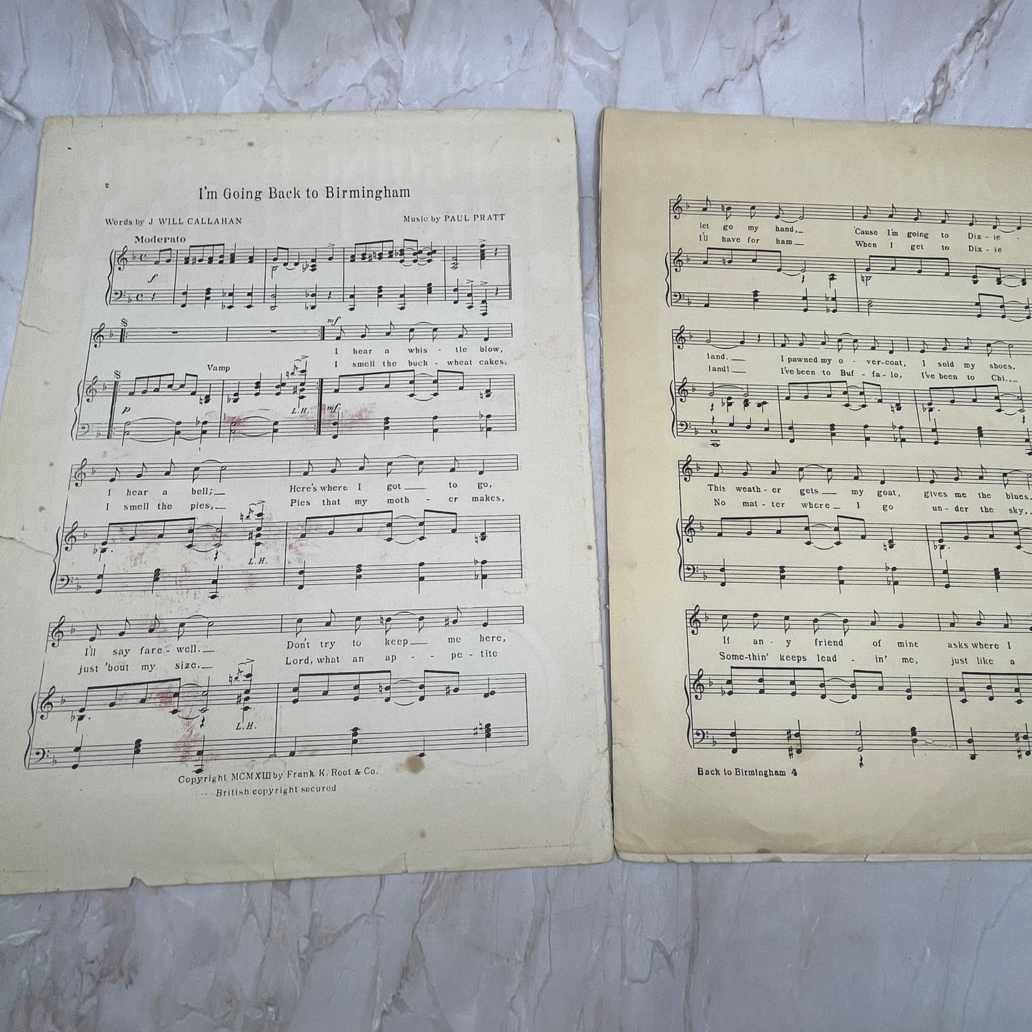 1913 I'm Going Back to Birmingham J. Will Callahan Paul Pratt Sheet Music FL6-5
