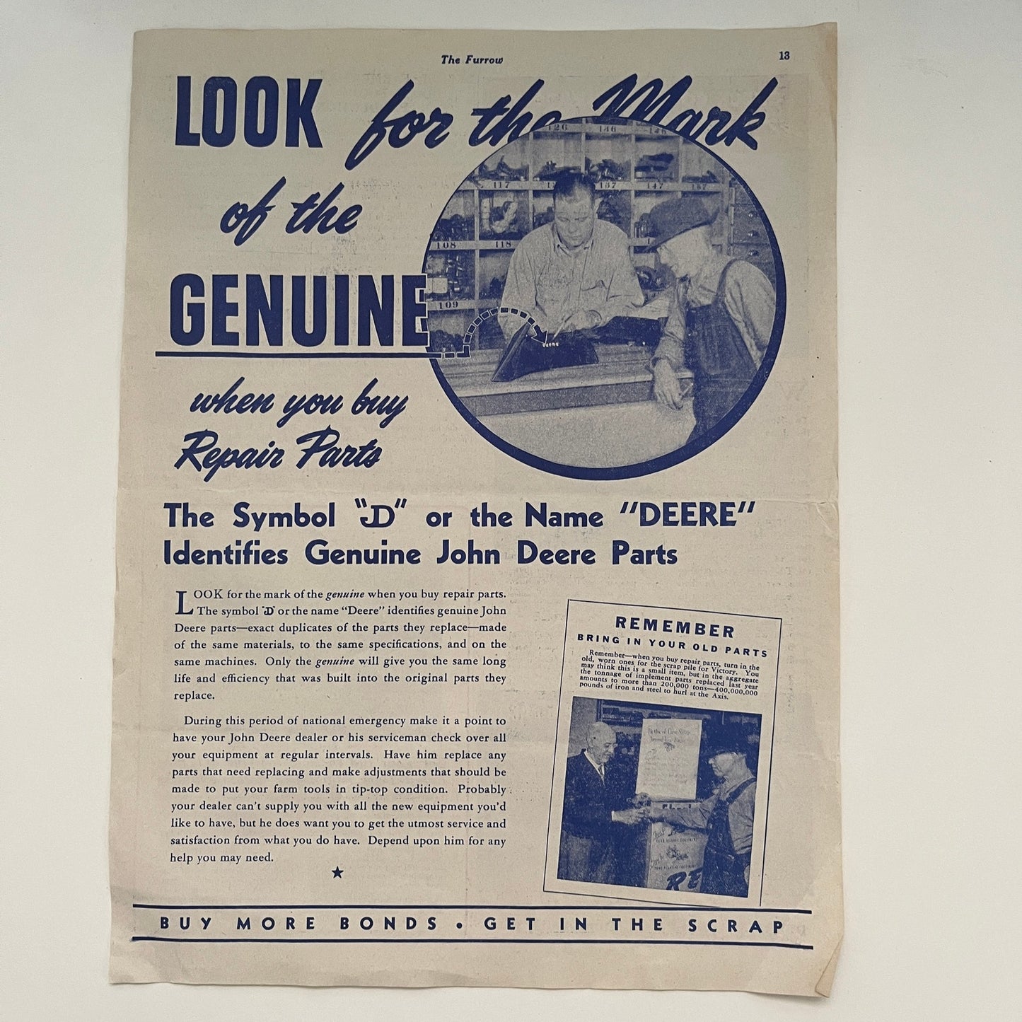 John Deere Repair Parts Buy War Bonds Get In The Scrap 1944 WWII Ad V26-4