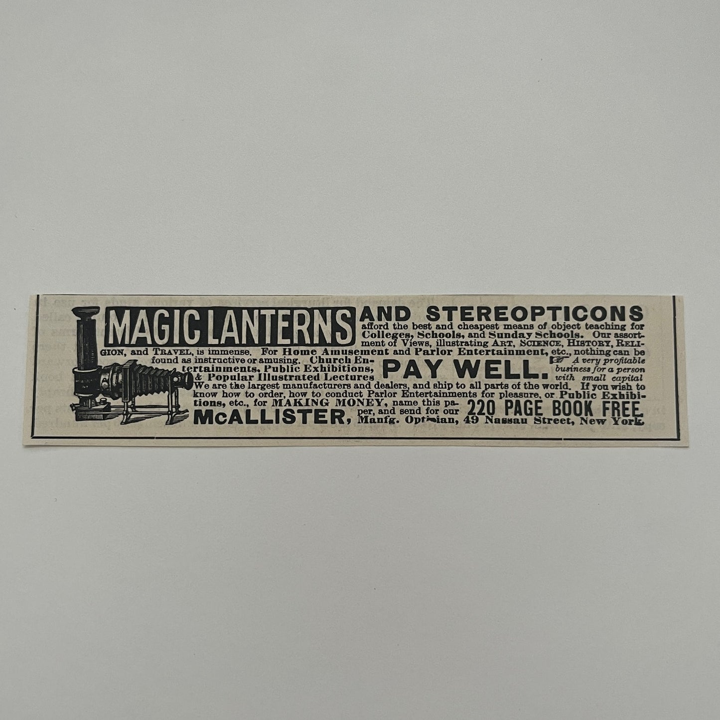 McAllister Magic Lanterns and Stereopticons 49 Nassau St NY 1892 Ad AG2-7