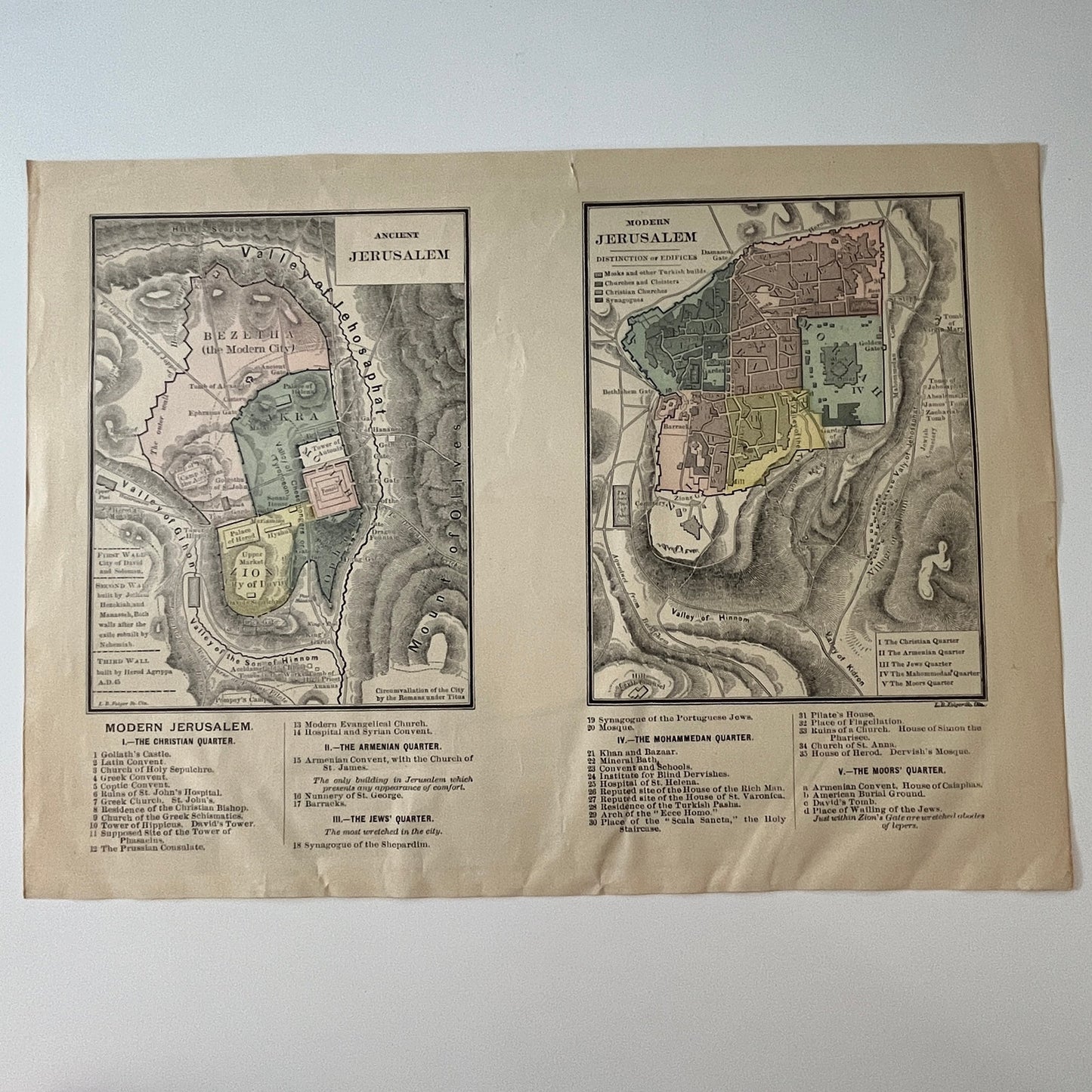 New Map of Palestine Holy Land New & Ancient Jerusalem 1892 Engraving V1-6