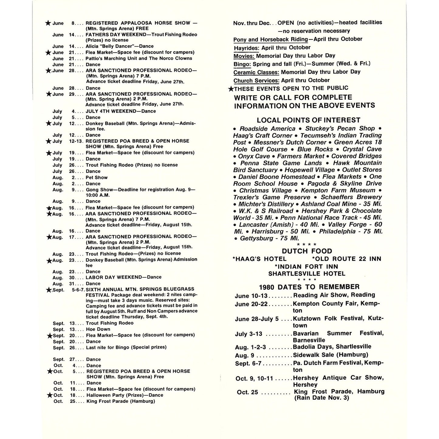 1980 Special Events Mountain Springs Resort Shartlesville Vtg Brochure TH2-OP5