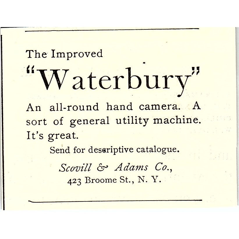 Waterbury Hand Camera Scovill & Adams Co 423 Broome St NY 1892 Ad AG2-S26
