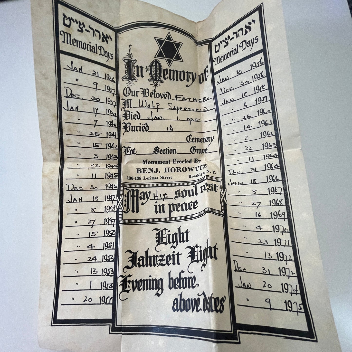 1935 Wolf Saperstein - Benj. Horowitz Brooklyn NY Jewish Memorial Leaflet AI9-H3