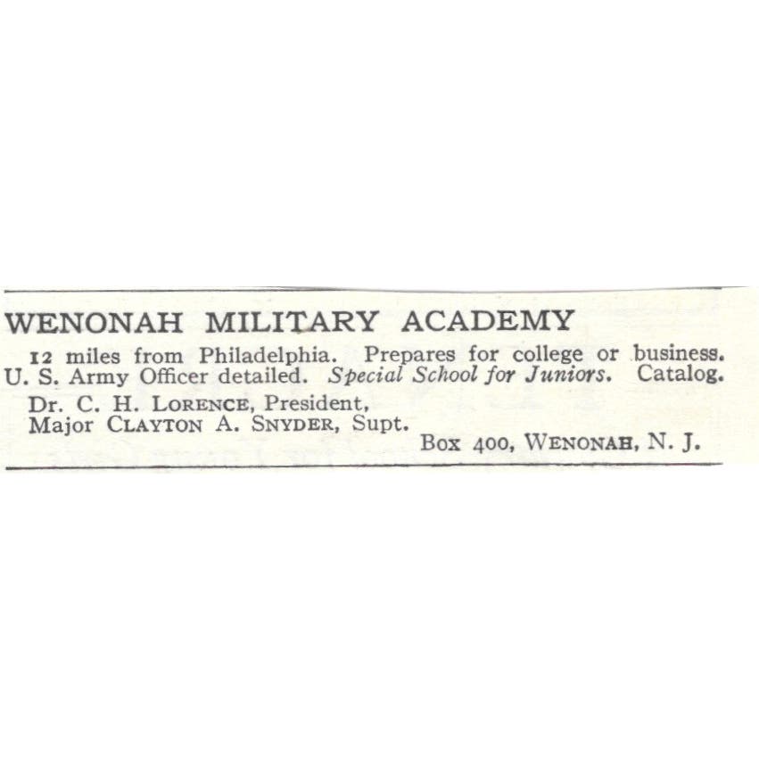 Wenonah Military Academy C.H. Lorence Clatyon A. Snyder NJ c1918 Ad AE5-SA11