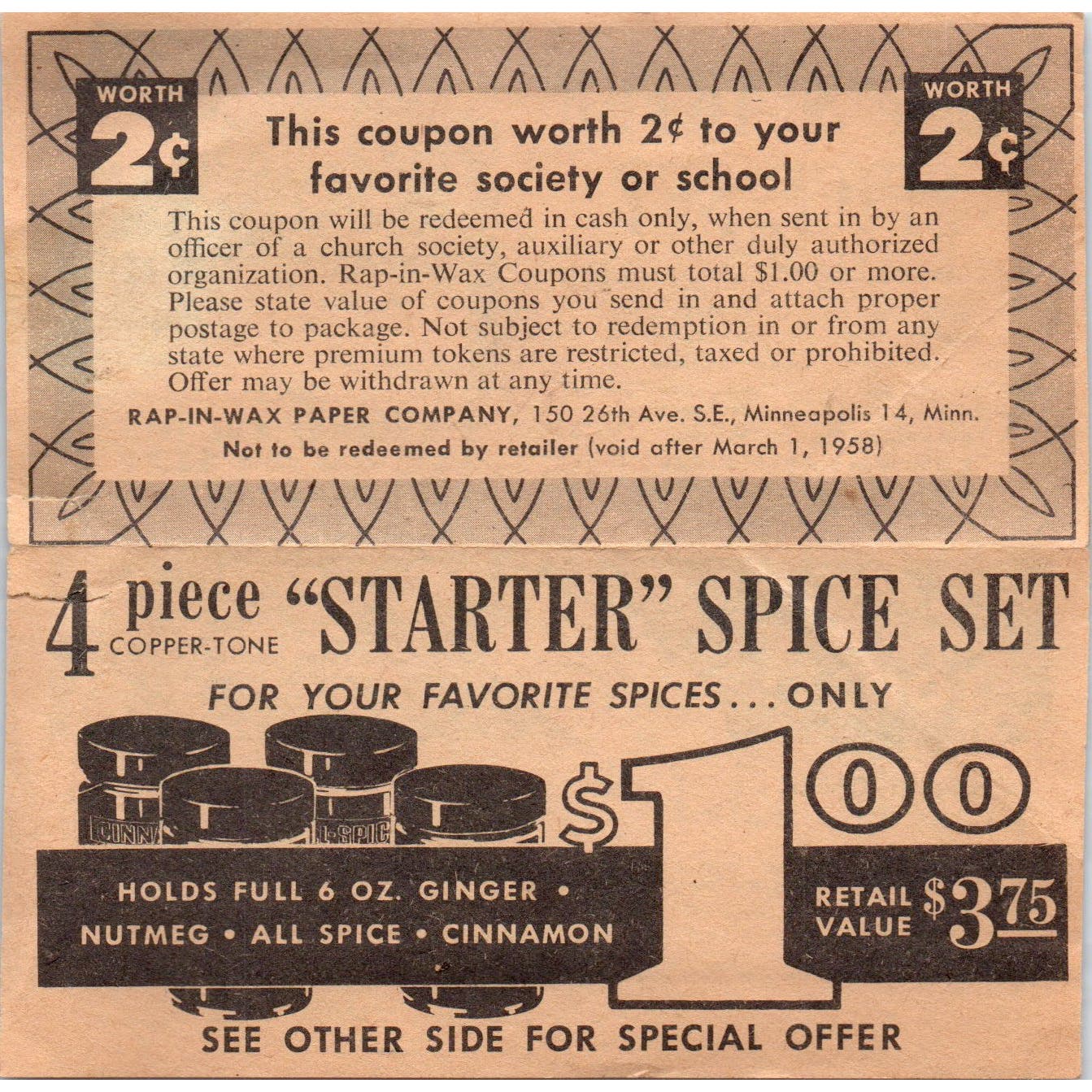 1958 Rap-In-Wax Paper Company Spice Starter Set Mail In Offer Advertisement AE2
