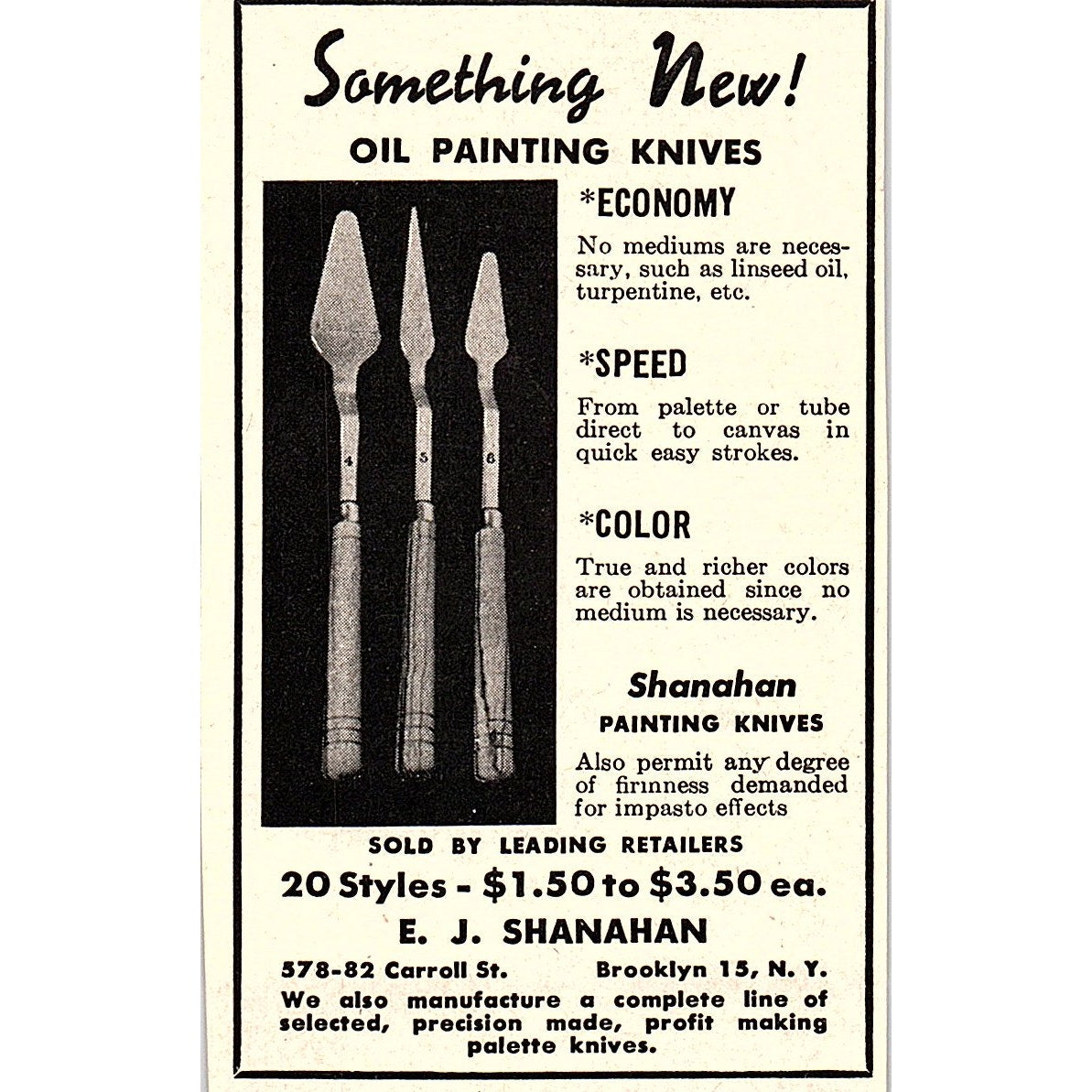 E.J. Shanahan Oil Painting Knives Brooklyn NY 1952 Yankee Magazine Ad SAG5-M2