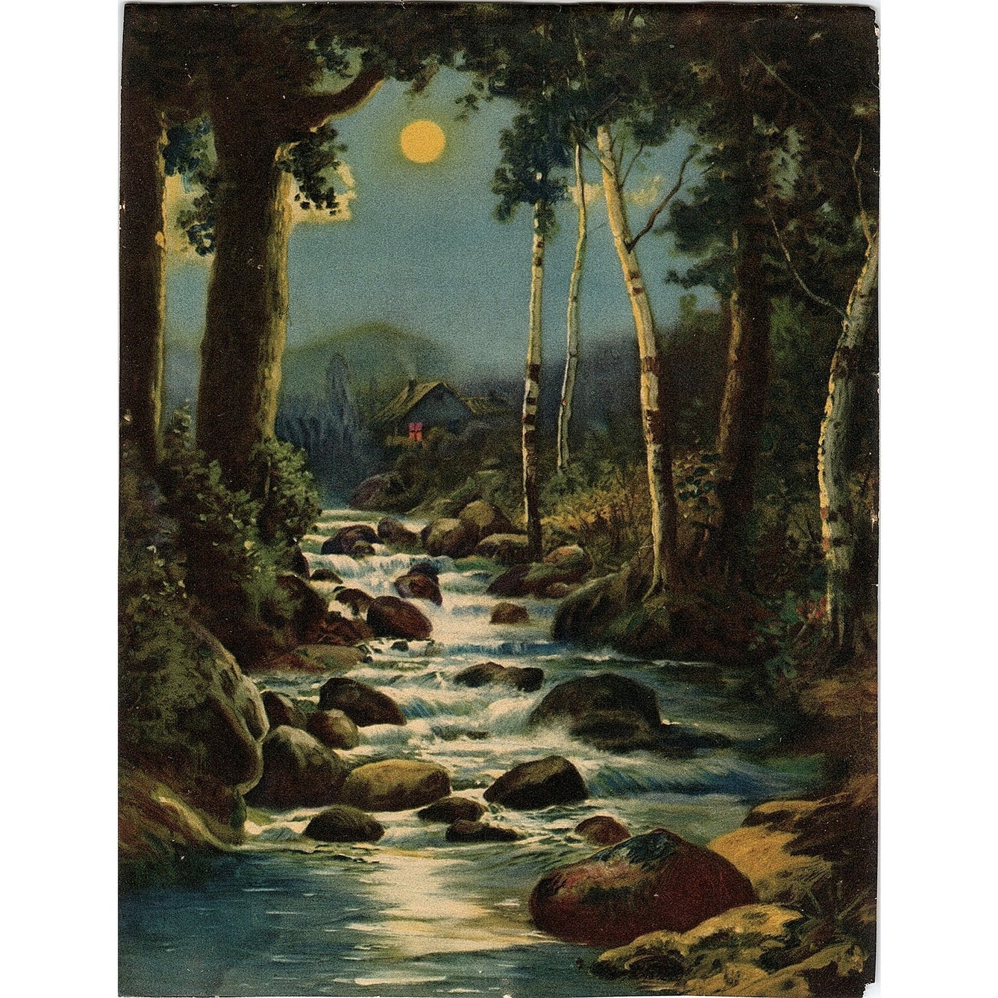 Retro Kitsch Night Forest Scene Cabin on River Woods Vintage Art Print 6x8" V17