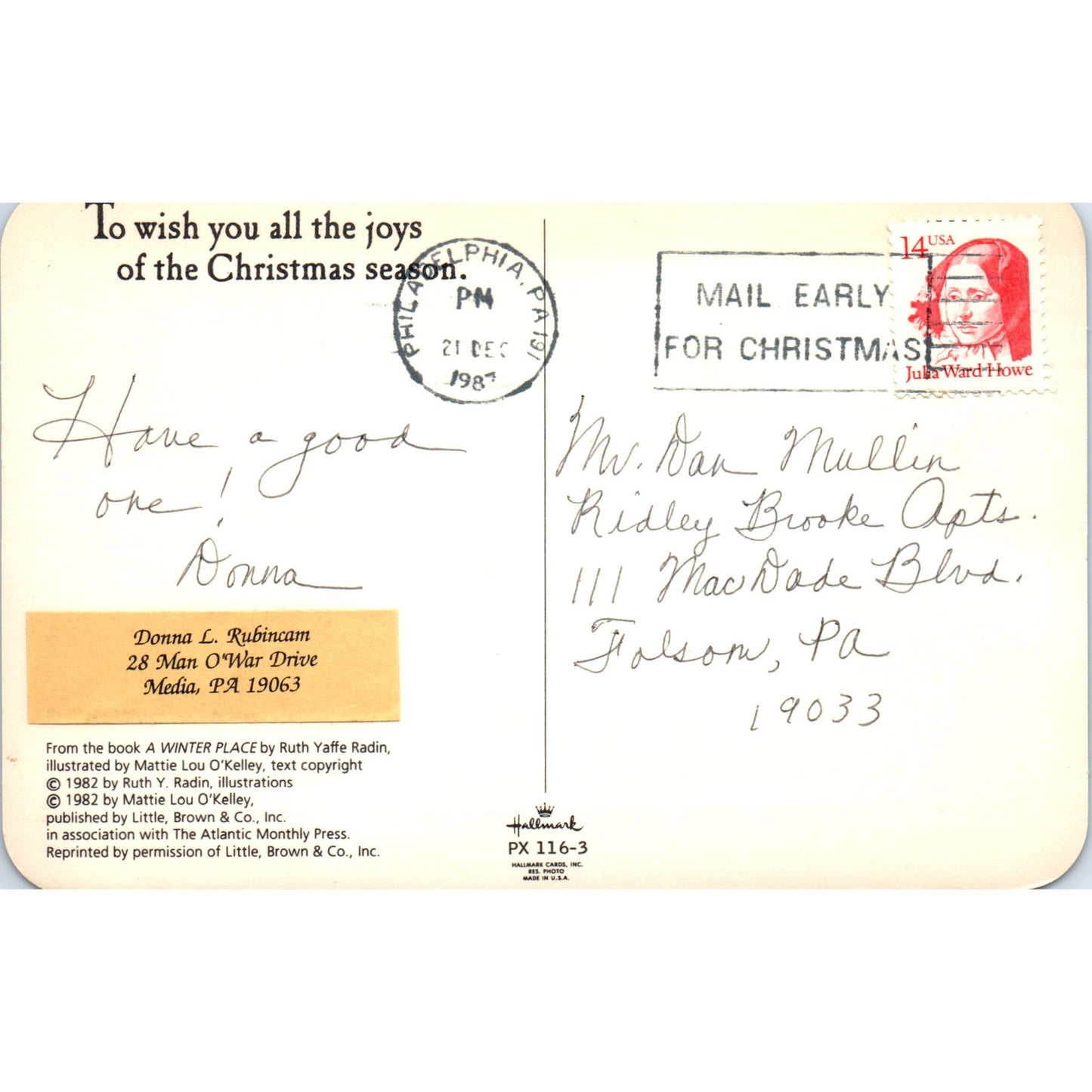 1987 View From the Book A Winter Place Ruth Yaffe Radin Vintage Postcard PD8