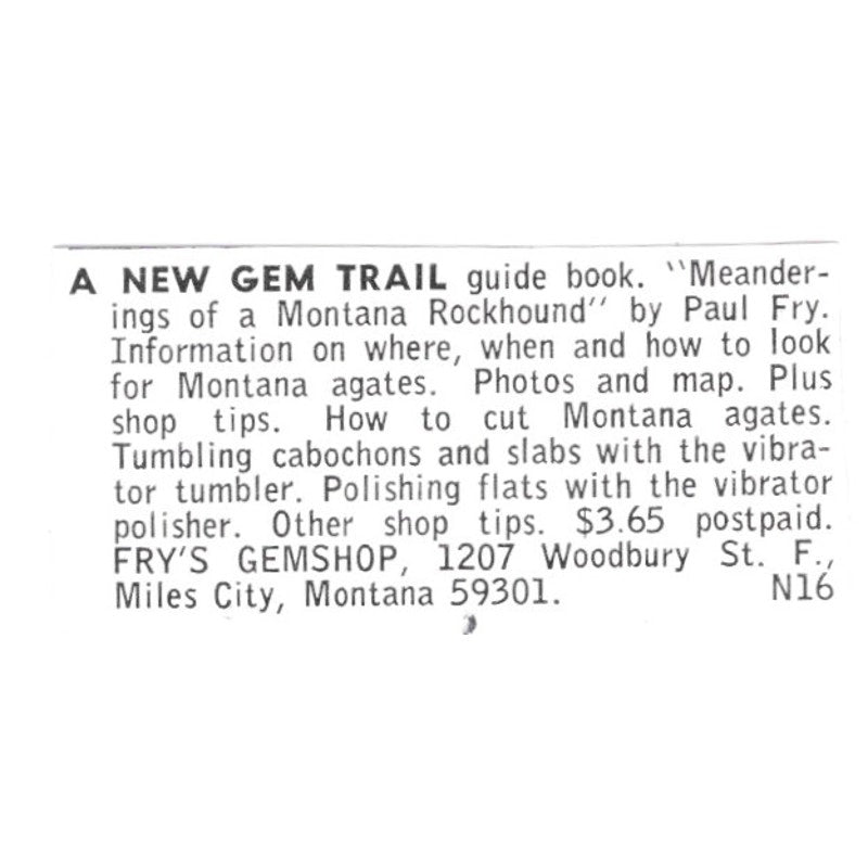 Fry's Gemshop Lapidary Supply Miles City Montana 1972 Ad AF8-S8