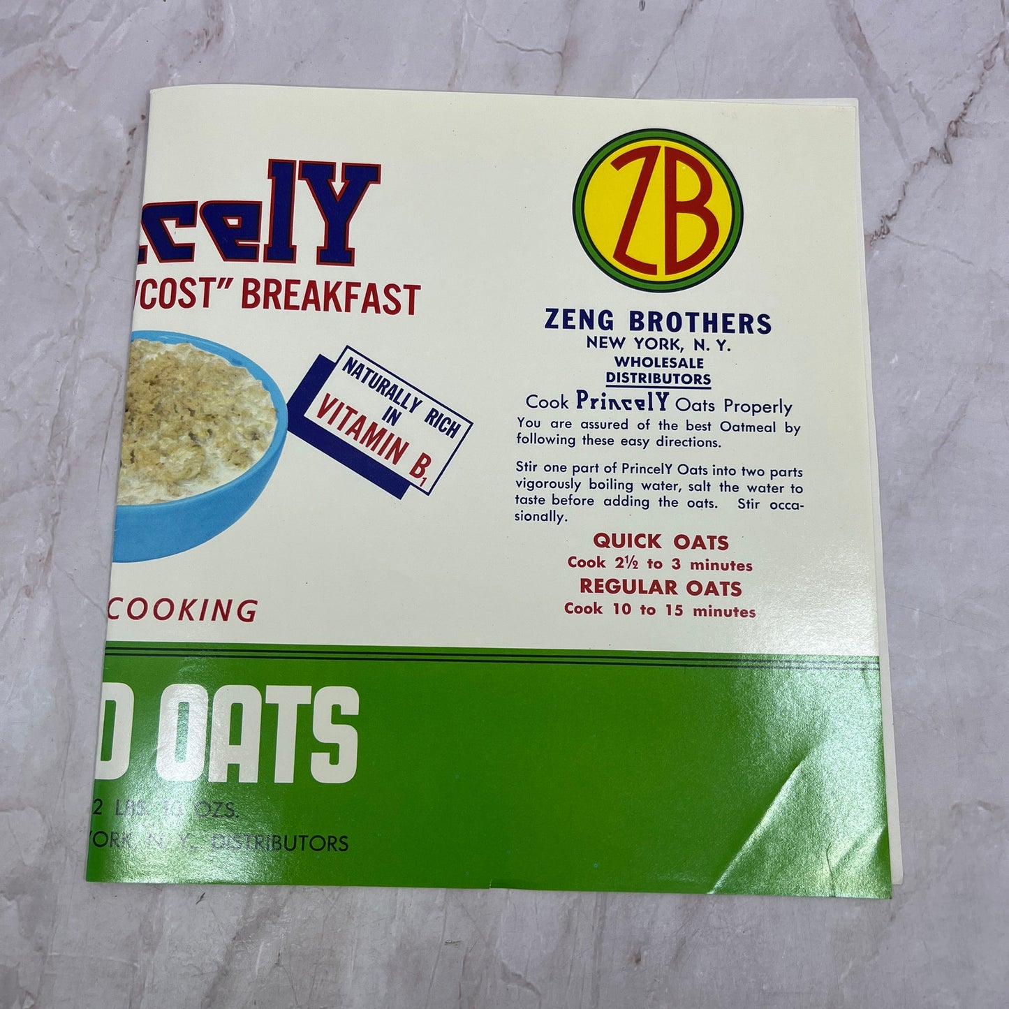 Princely Rolled Oats Label Zeng Brothers New York TH9
