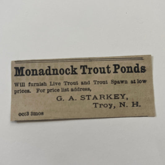 Monadnock Trout Ponds G.A. Starkey Troy NH 1878 Ad AG2-M16