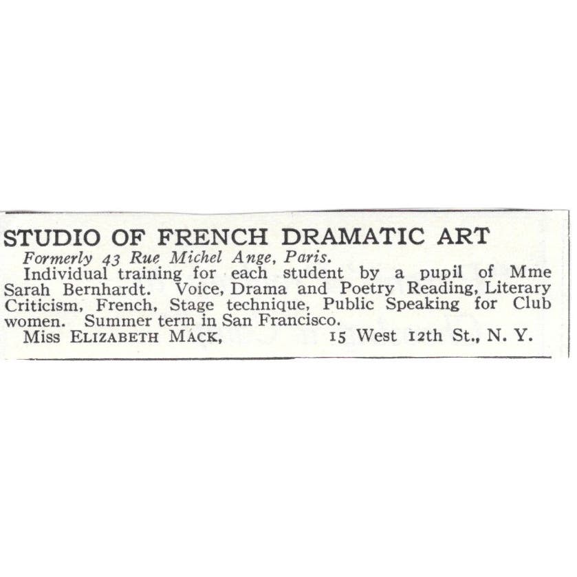 Studio of French Dramatic Art Elizabeth Mack NY c1918 Advertisement AE5-SA8