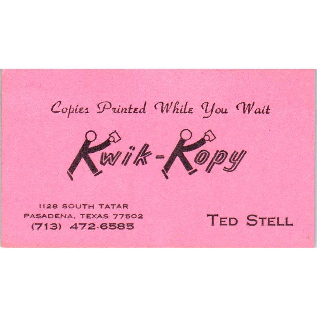 Ted Stell Kwik-Kopy Printing Pasadena Texas Vintage Business Card SD4-B3