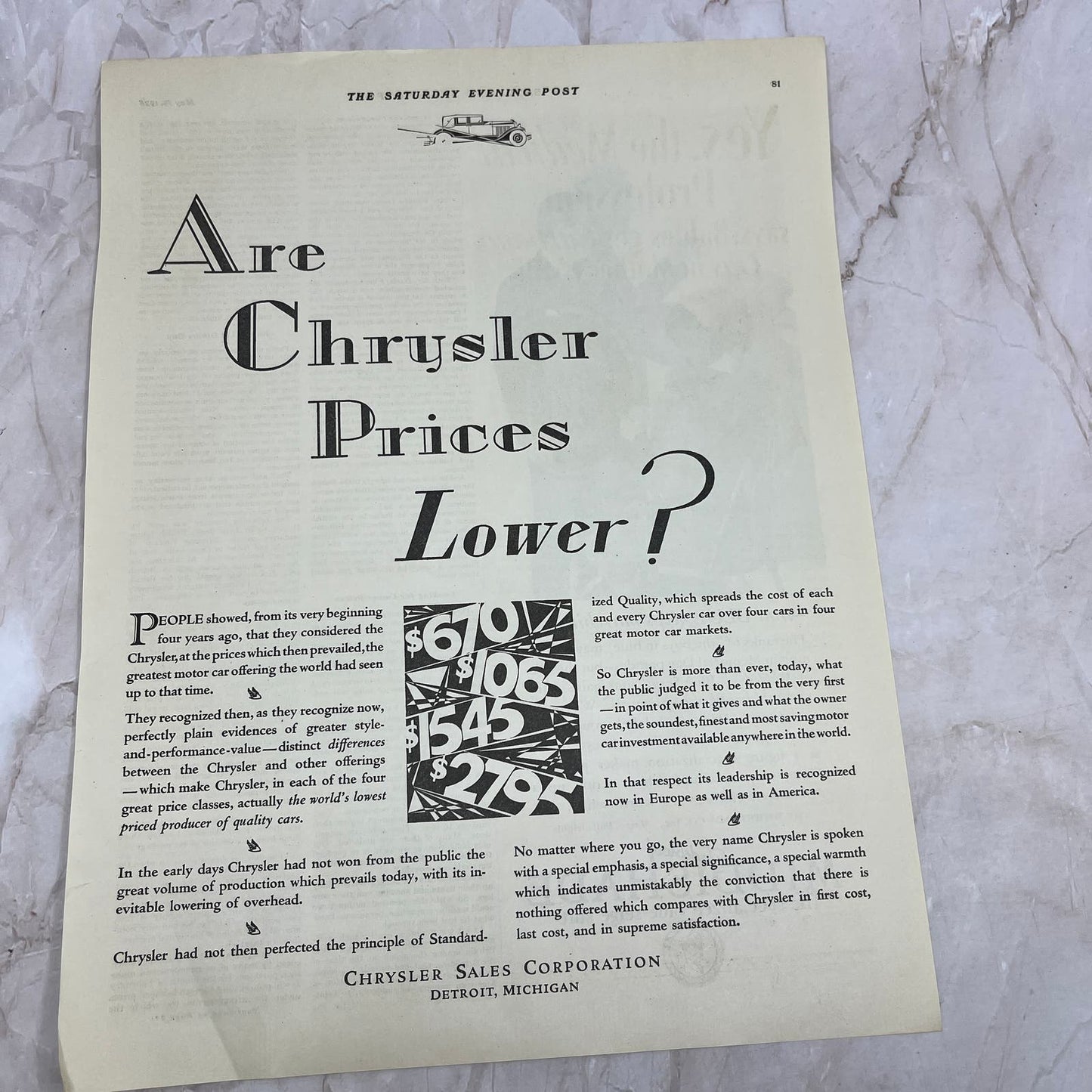 Chrysler Prices Detroit MI 1928 Original Magazine Advertisement FL6-8