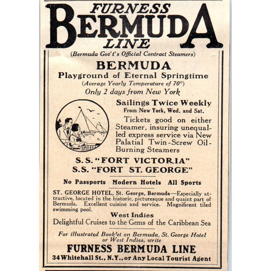 Furness Bermuda Line SS Fort Victoria SS Fort St George 1924 Magazine Ad AF2-A1
