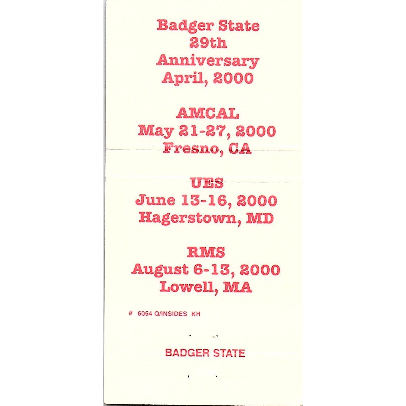 2000 Badger State Match Cover Club Jerome & Diane Mielke Appleton WI TB6-MB2-8