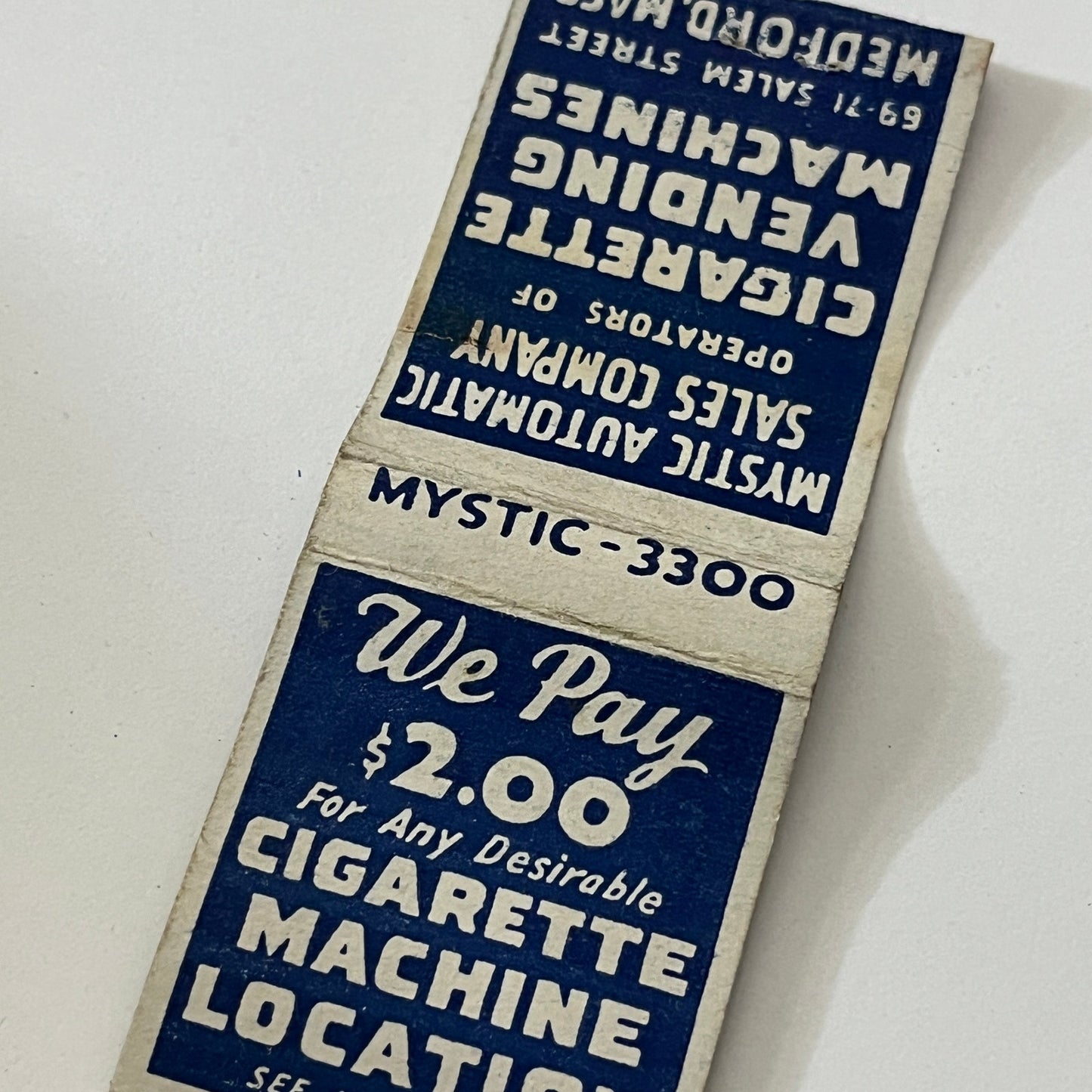 Mystic Automatic Sales Cigarette Vending Machines Medford Matchbook TB6-MB1-13