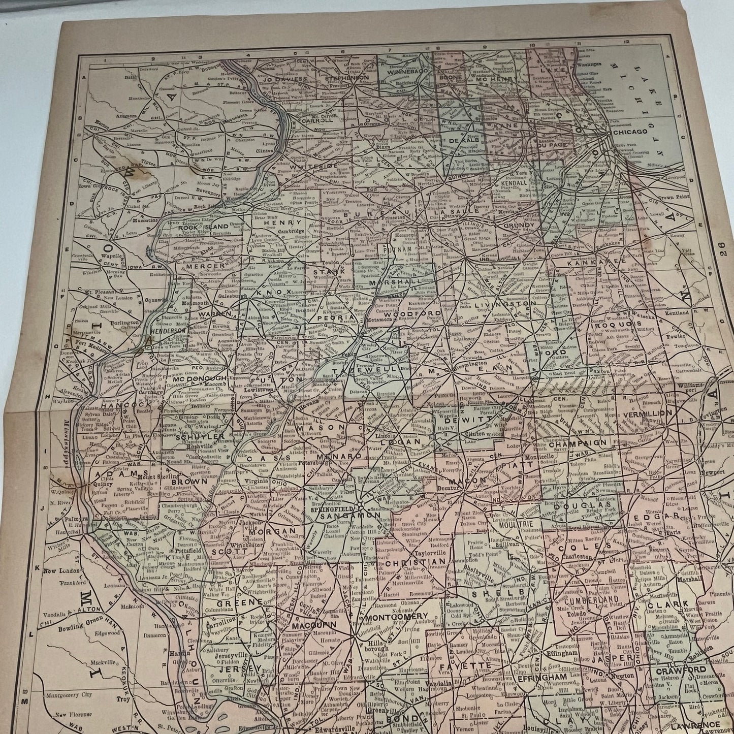 Ohio & Illinois Fold Out 1894 Map Engraving V1-6