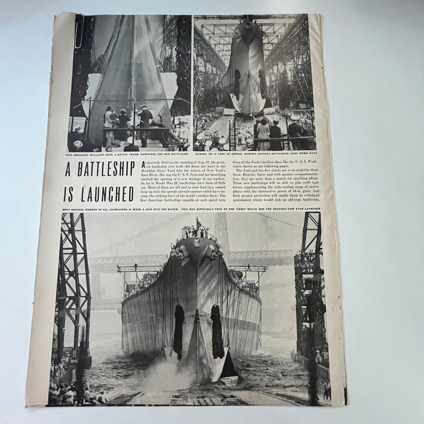 USS Iowa Launched USS Washington 3 Pages 1940s WWII Era Article V30-1