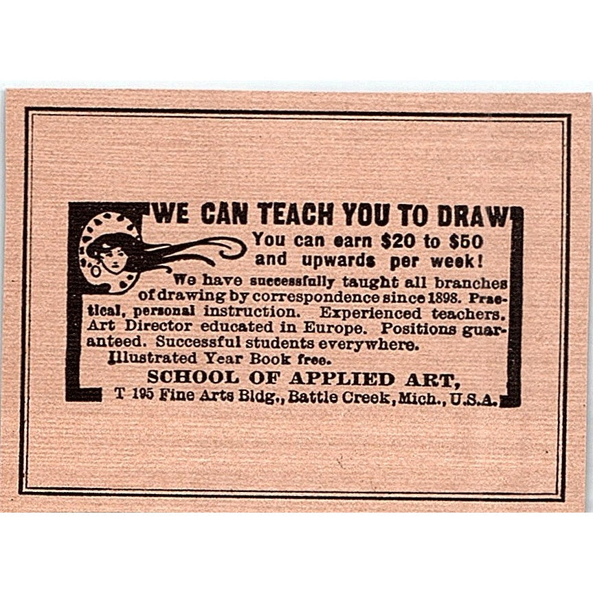 Learn to Draw School of Applied Art Battle Creek MI - 1908 Ad AF5-4