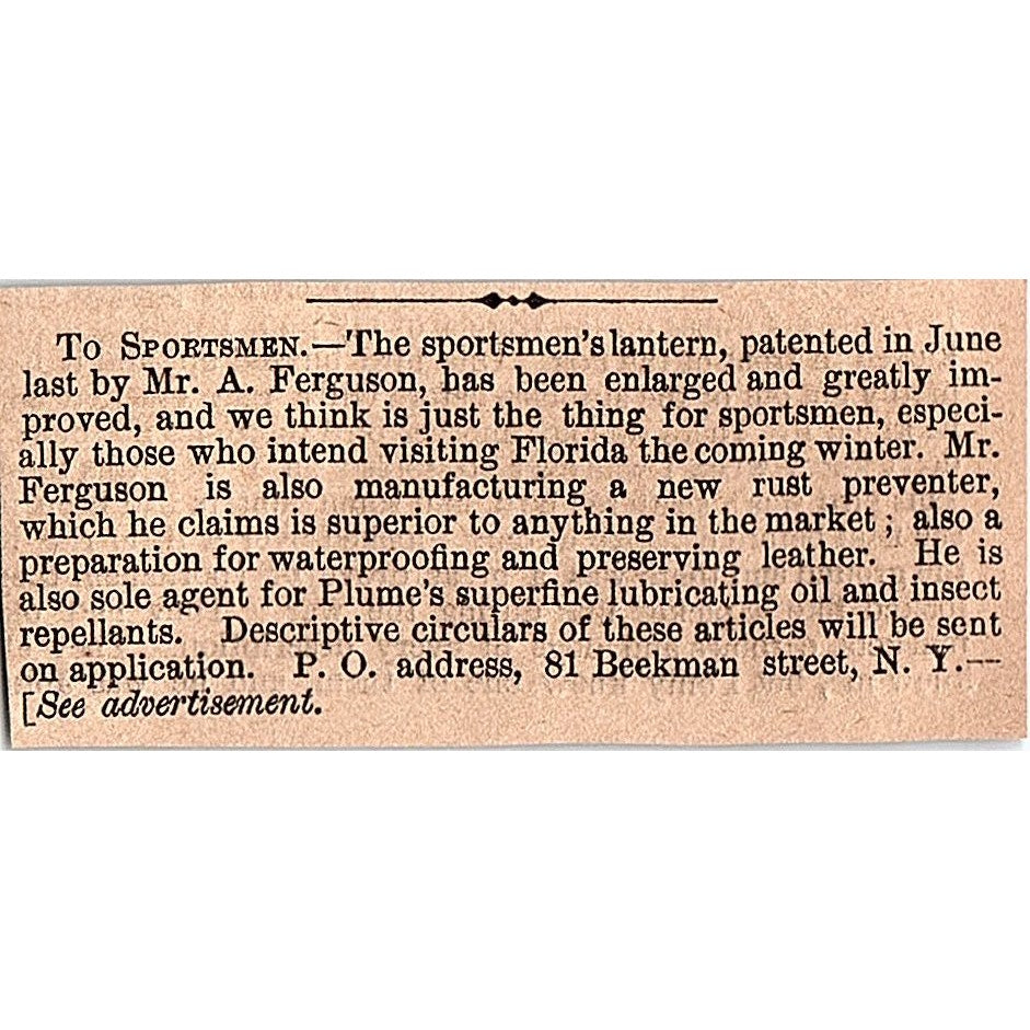 Sportsman's Lantern - A. Ferguson 81 Beekman Street NY 1878 Article AG2-S15