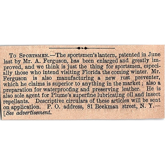 Sportsman's Lantern - A. Ferguson 81 Beekman Street NY 1878 Article AG2-S15