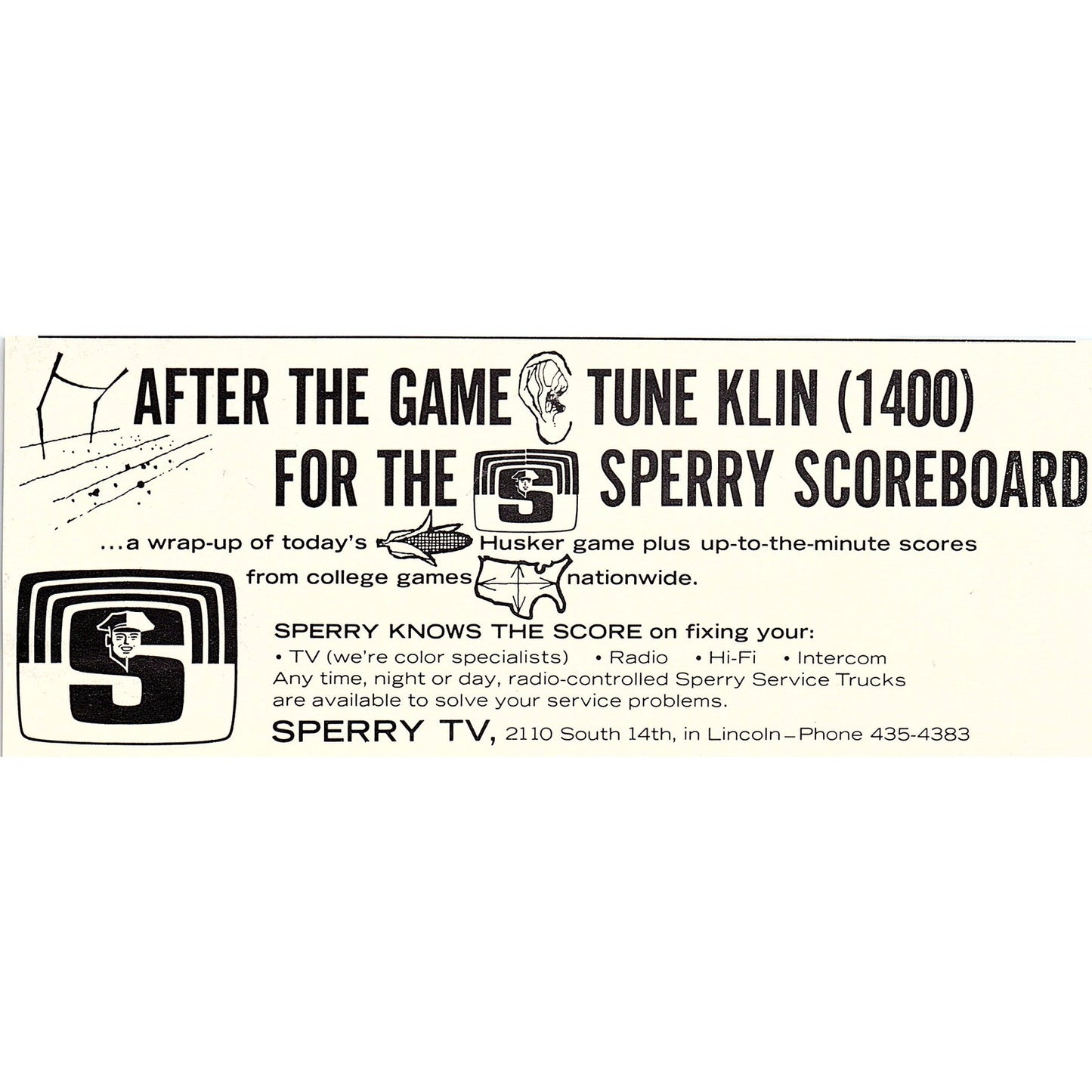Sperry TV Scoreboard KLIN 1400 Nebraska Cornhusker Football 1964 Ad AG7-3