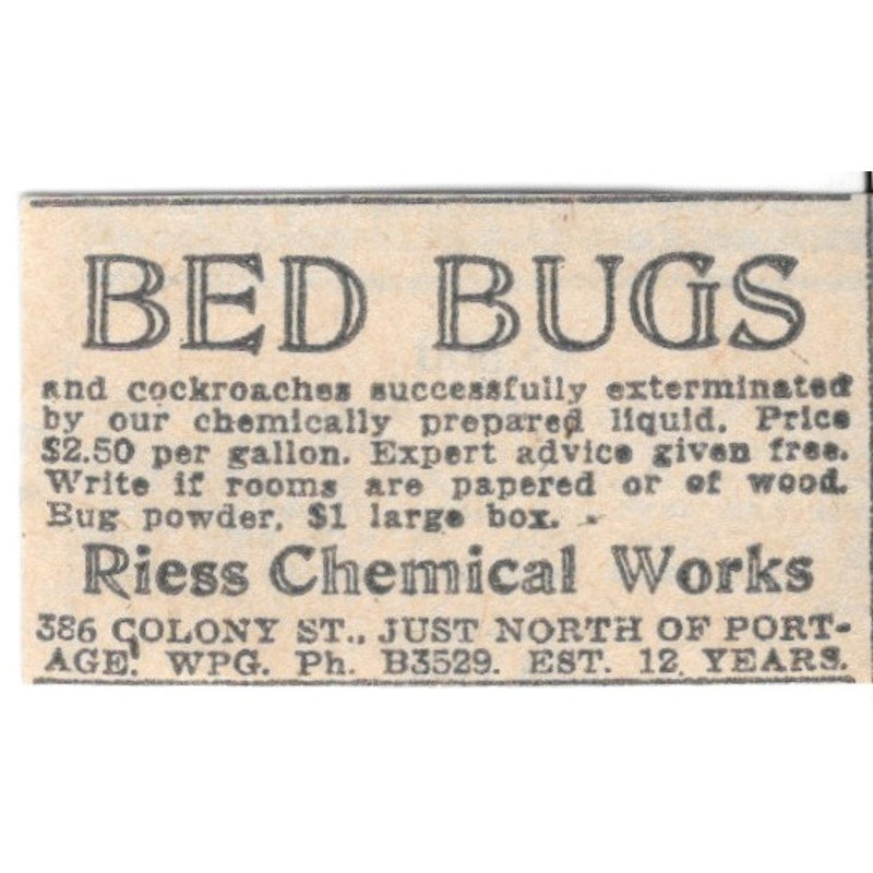 Riess Chemical Works Bed Bug Control Portage Winnipeg 1920 Ad AG2-S7