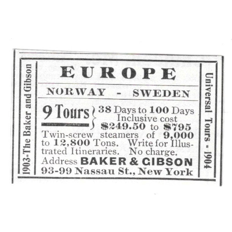 Europe Norway - Sweden Tours Baker & Gibson New York 1903 Ad AF8-S35
