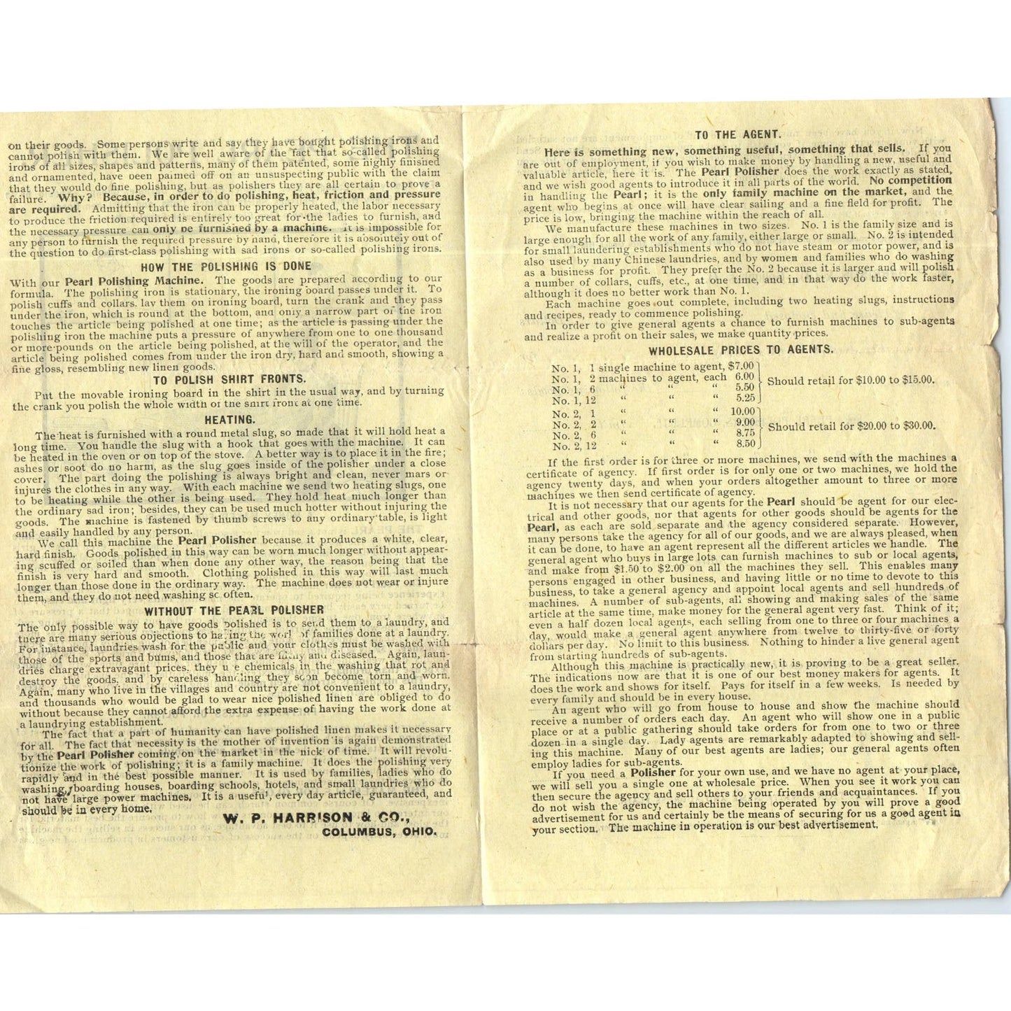 c1900 Pearl Polisher Family Laundry Leaflet W.P. Harrison & Co Columbus OH AB9