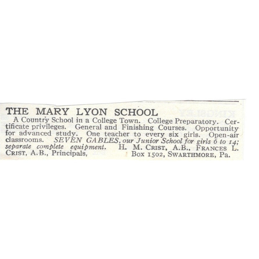 The Mary Lyon School Swarthmore PA HM Crist Frances L. Crist c1920 Ad AG4-S8