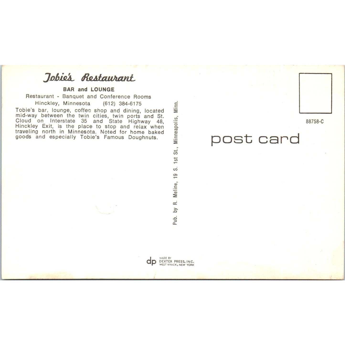 Tobie's Restaurant Bar and Lounge Hinckley Minnesota Vintage Postcard PD10