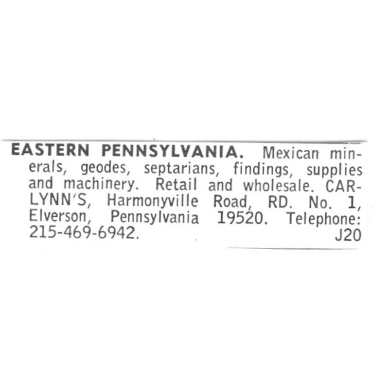Carlynn's Rock Shop Elverson Pennsylvania 1972 Ad AF8-S13