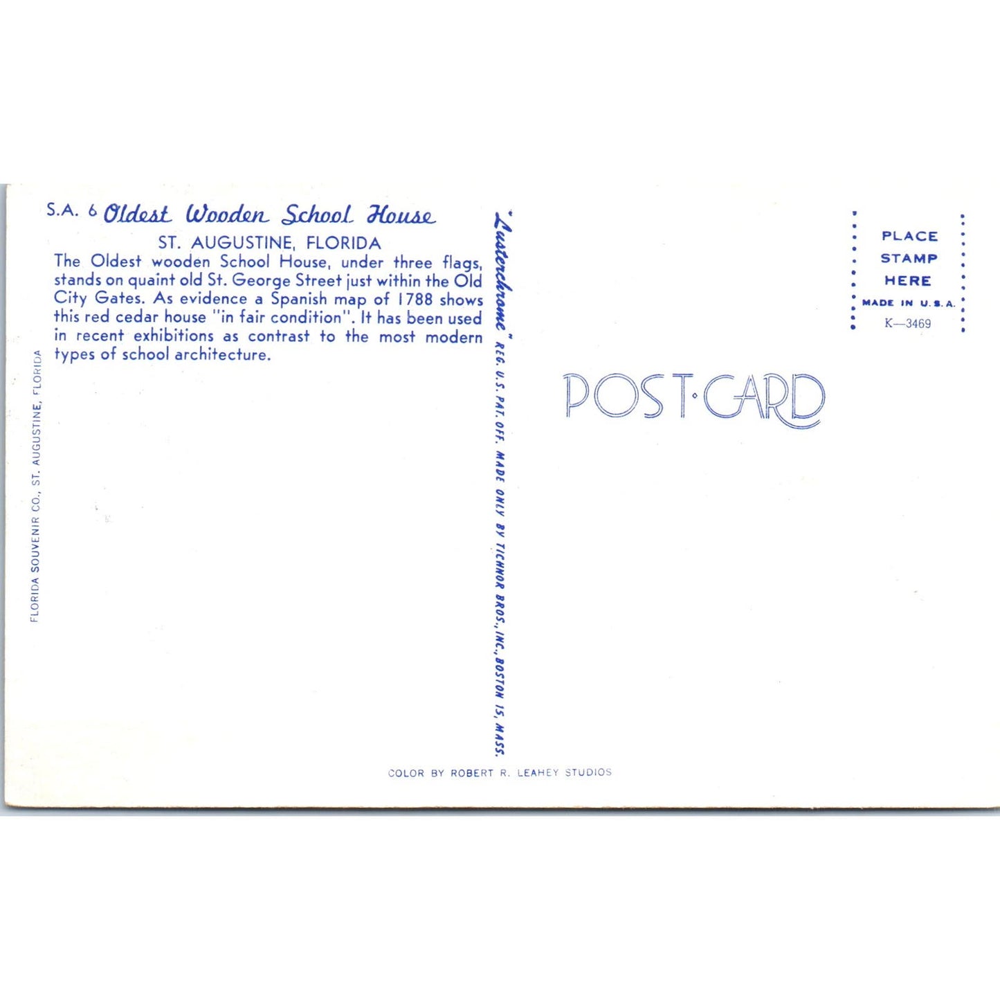 Oldest Wooden Schoolhouse in St. Augustine FL Vintage Postcard PD1