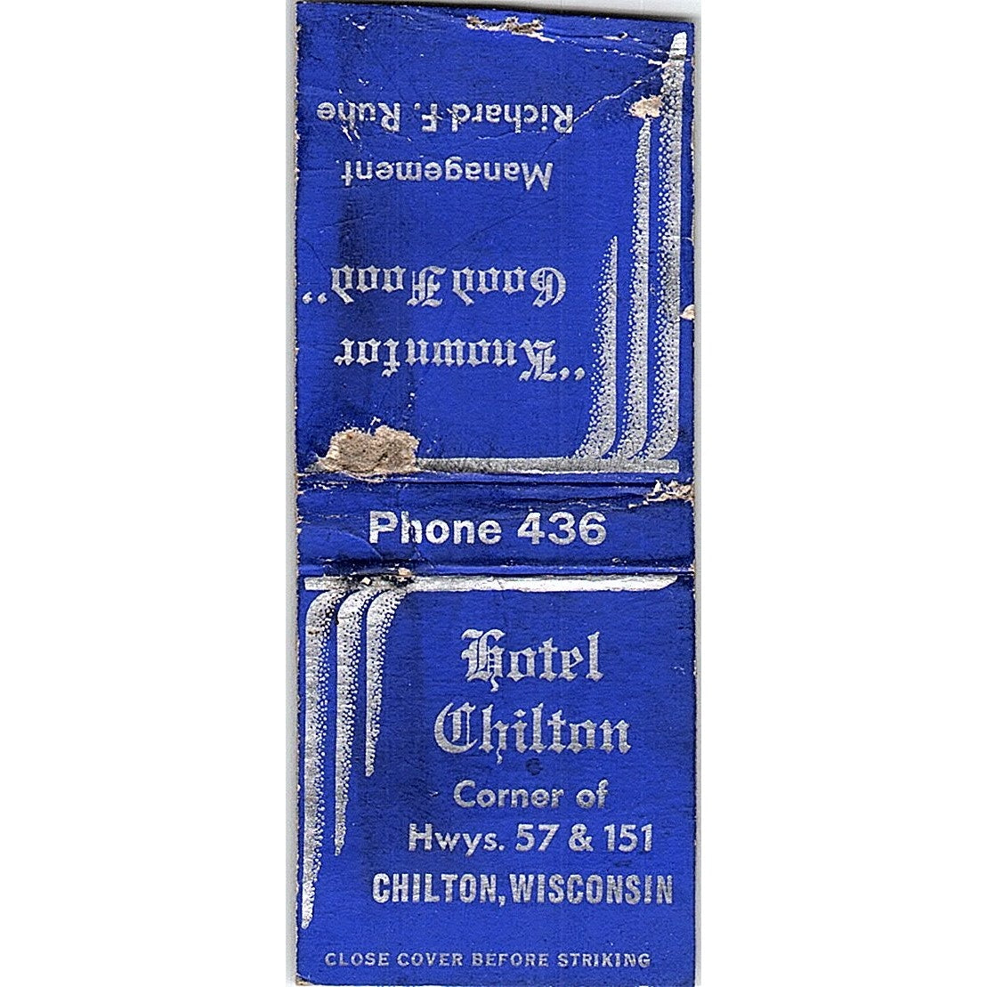 Hotel Chilton Hwy 57 & 151 Chilton WI Vintage Matchbook Cover SF3-Y8