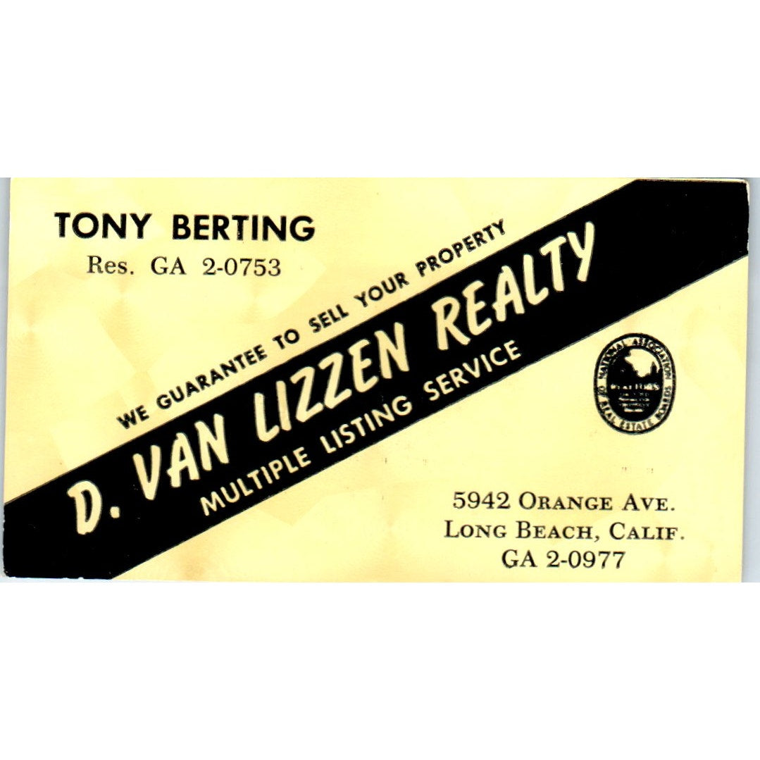 Tony Berting D. Van Lizzen Realty Long Beach CA Vintage Business Card SD4-B5