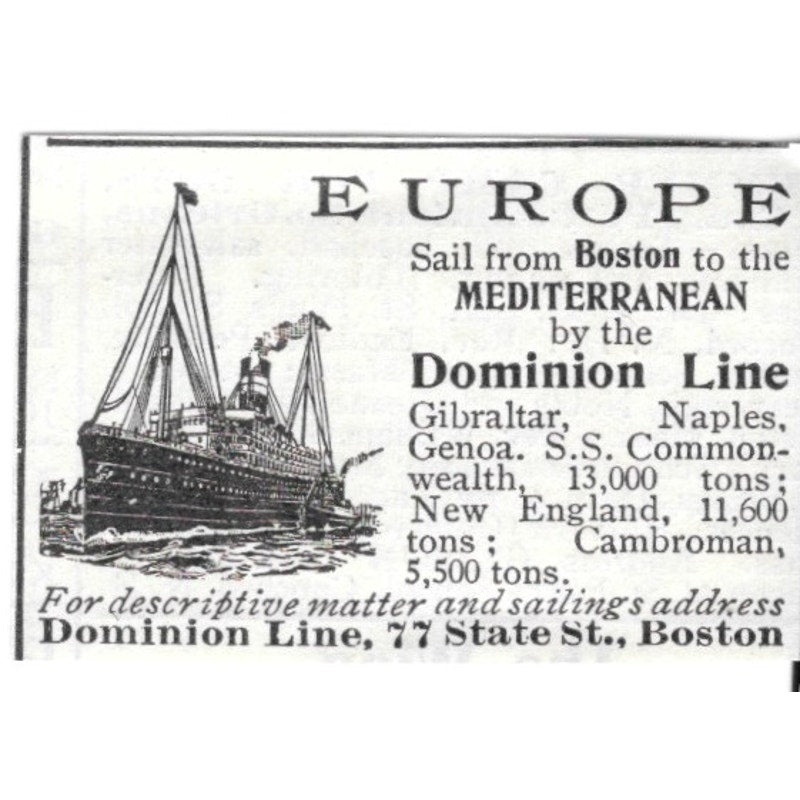 European Travel Boston to Mediterranean Dominion Line 1903 Ad AF8-S42