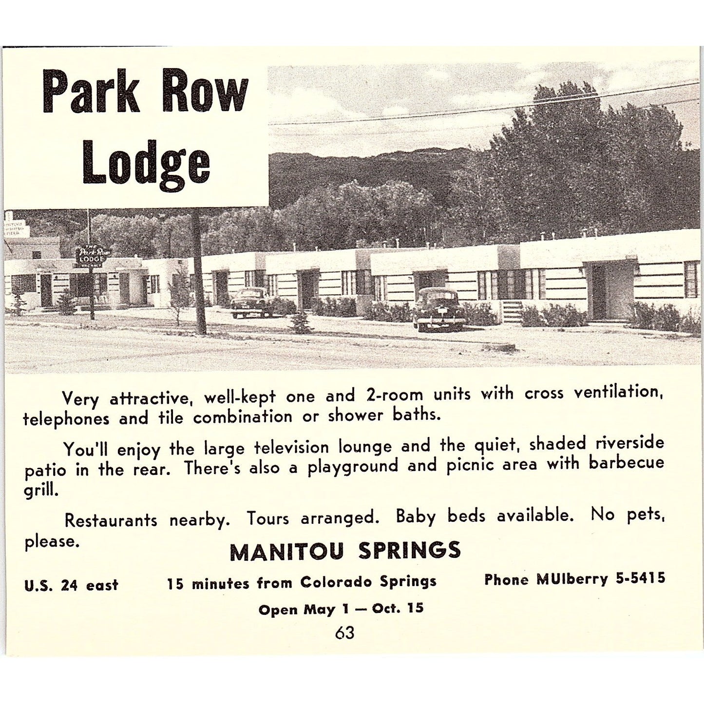 Park Row Lodge, Bel-Air Lodge Manitou Springs CO 1958 Ad AG1-H2