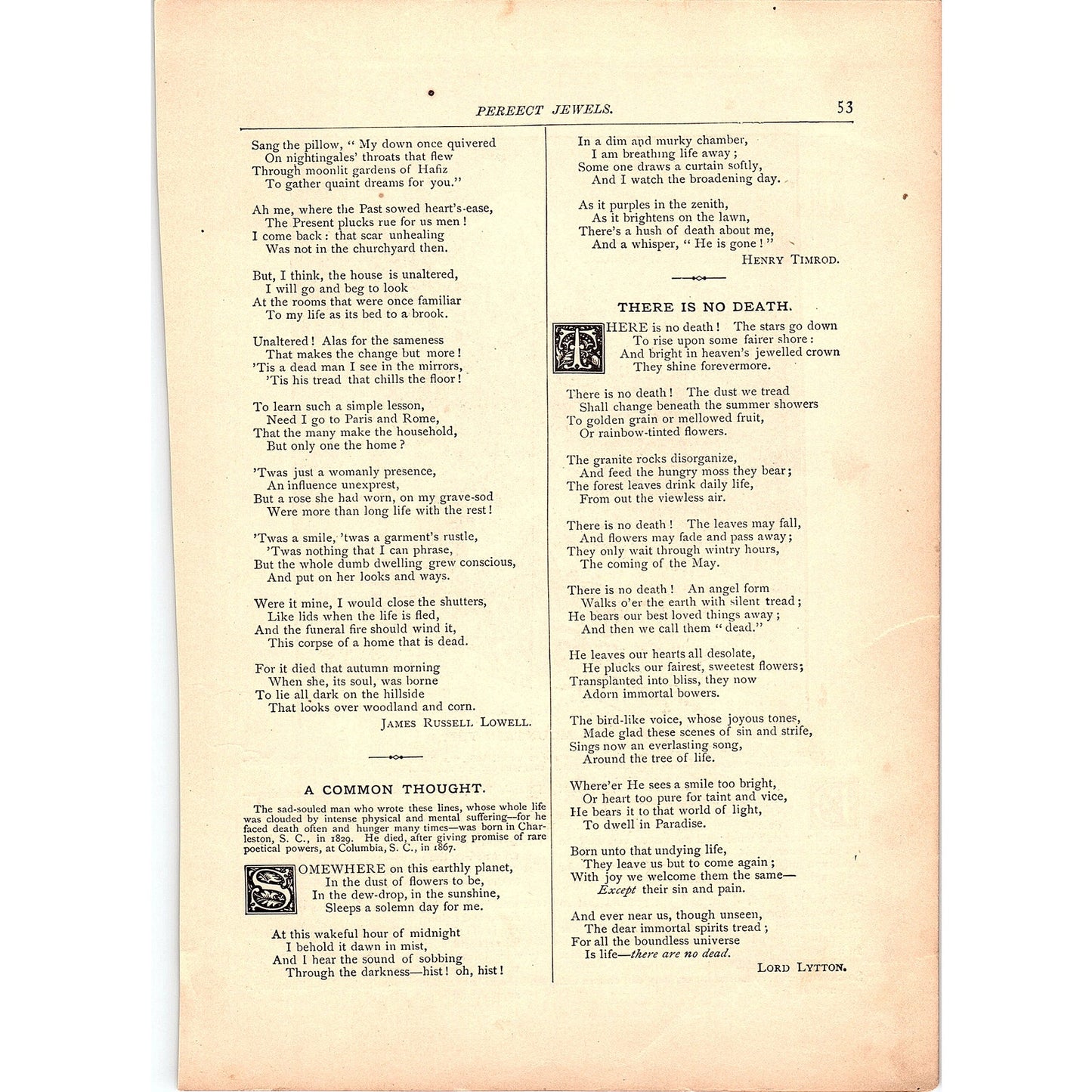A Common Thought Henry Timrod, There is No Death Lord Lytton 1884 Poem TA5-CJ-4