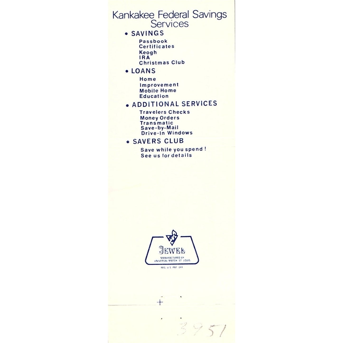 Kankakee Federal Savings Illinois Vintage Matchbook TB6-MB2-8