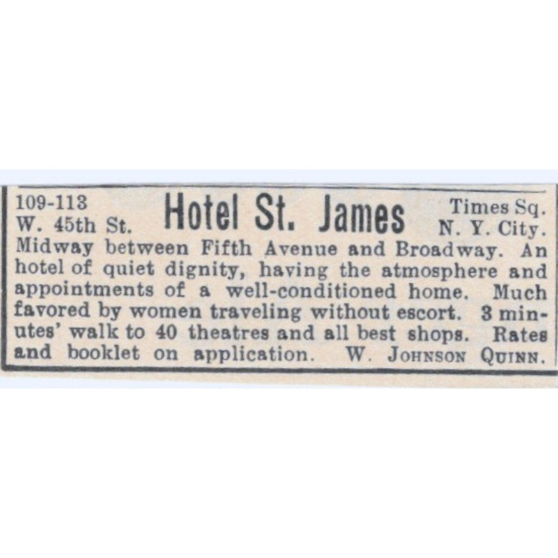 Hotel St. James Times Square NY W. Johnson Quinn 1924 Magazine Ad AD8-O4
